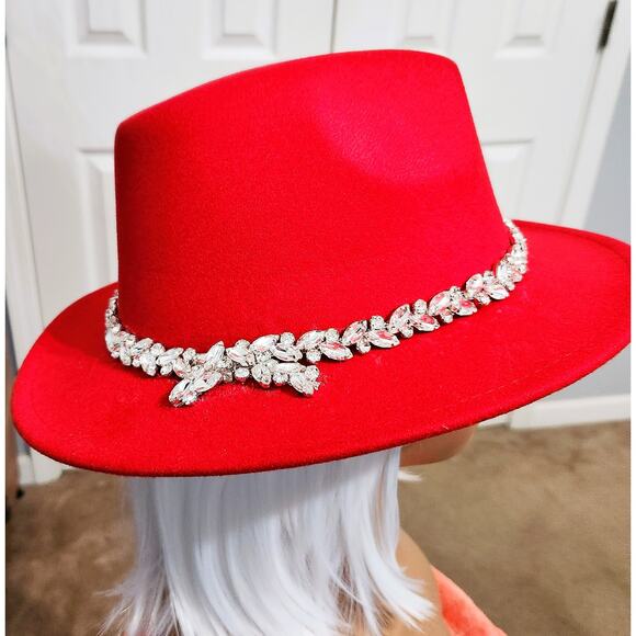 Fedora Hat Red & Black with Rhinestone Feathered Band Brand New - Picture 1 of 5